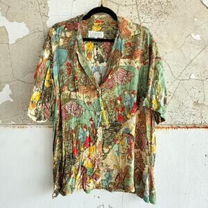 Vintage Storybook Print Button Up Shirt Linda Bertozzi Rayon Made in USA Small